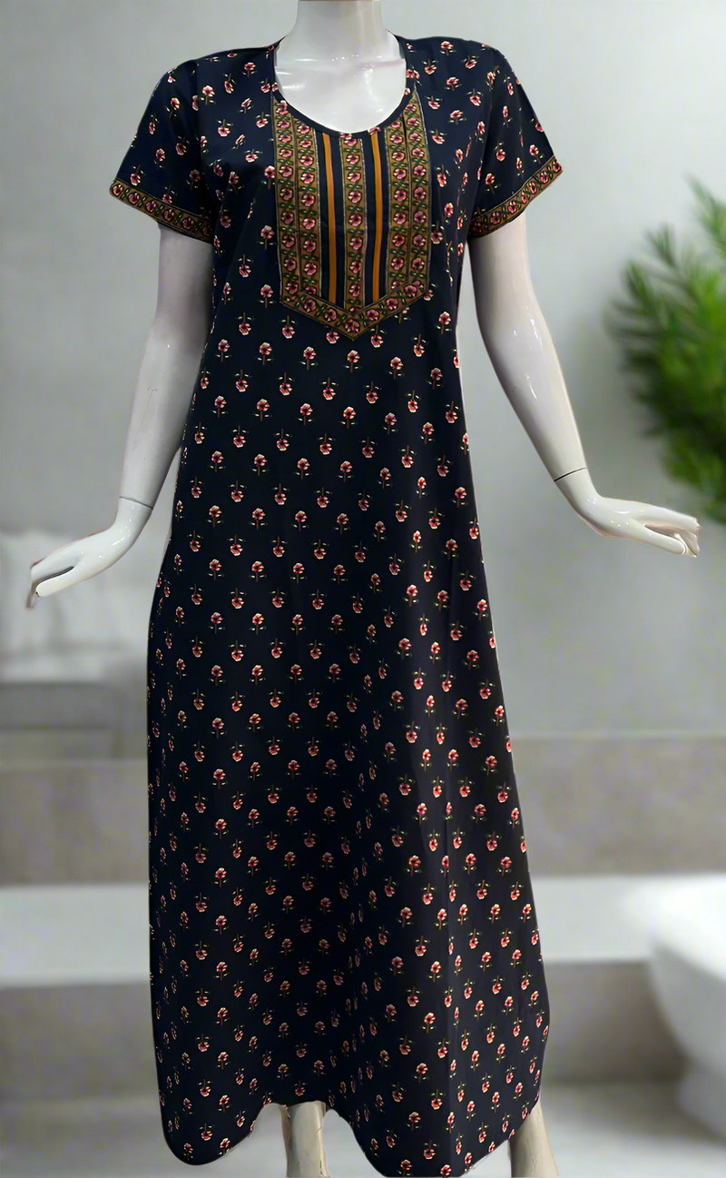 Navy Blue Tiny Floral Garden Pure Cotton Nighty. Pure Durable Cotton | Laces and Frills