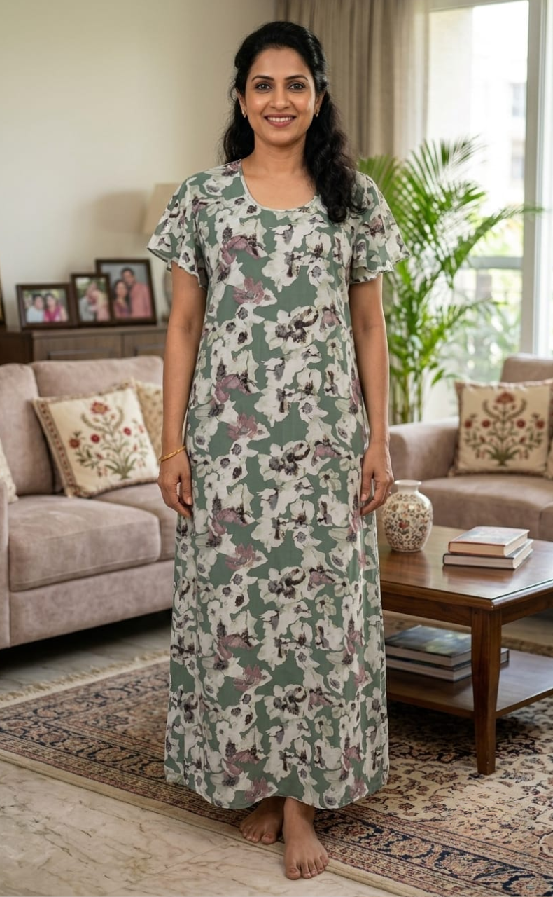 Pista Green Floral Chiffon Nighty. Delicate Chiffon | Laces and Frills