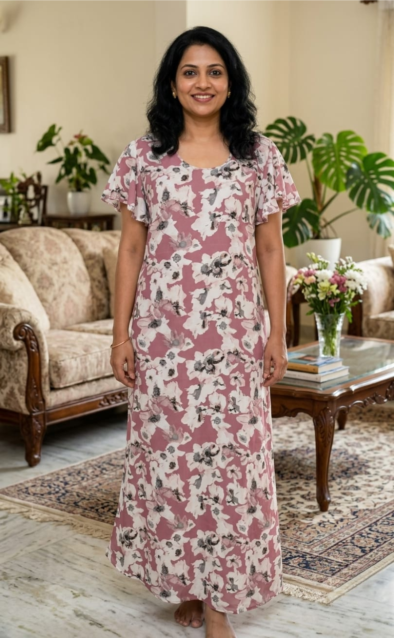 Onion Pink Floral Chiffon Nighty. Delicate Chiffon | Laces and Frills
