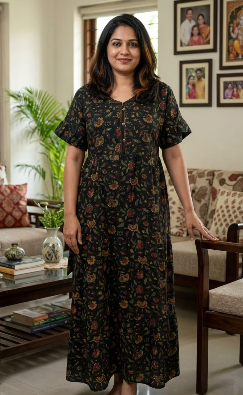 Bottle Green Flora Rayon Nighty. Flowy Rayon Fabric | Laces and Frills