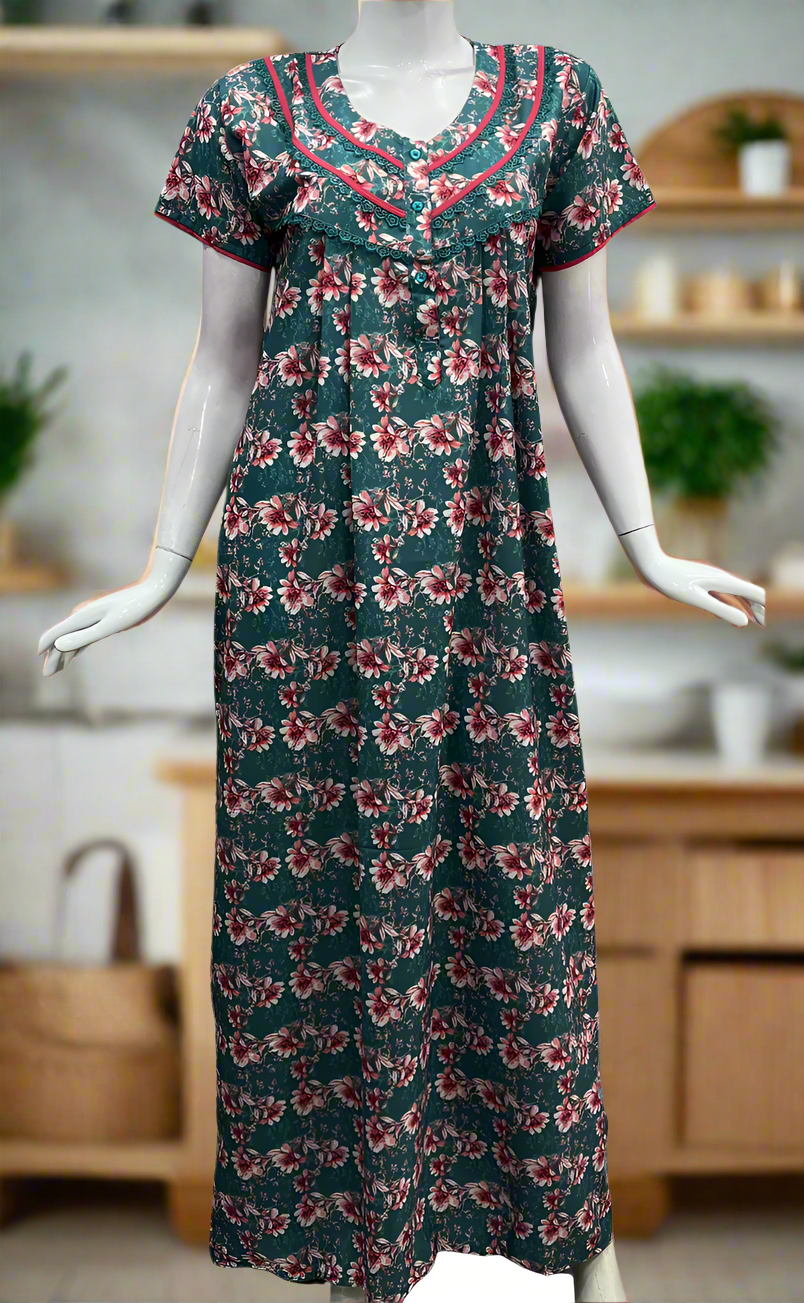 Pink Printed Green Printed Alfine Button Zip Nighty | Free Size | Chest Width 44″| Length 54″-56″