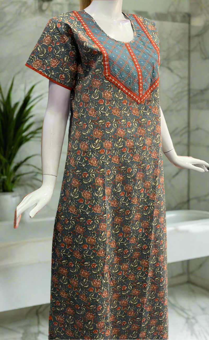Grey/Orange Floral Garden Pure Cotton Nighty. Pure Durable Cotton | Laces and Frills