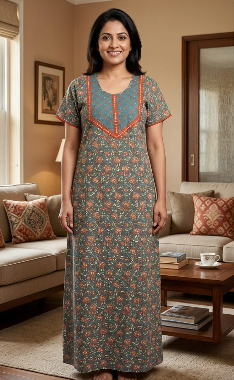 Grey/Orange Floral Garden Pure Cotton Nighty. Pure Durable Cotton | Laces and Frills