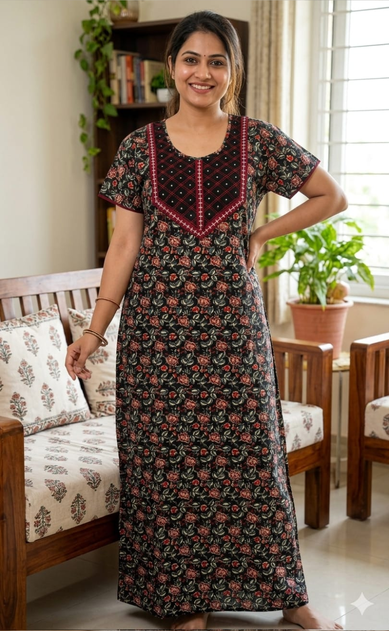 Black/Maroon Floral Garden Pure Cotton Nighty. Pure Durable Cotton | Laces and Frills - Laces and Frills
