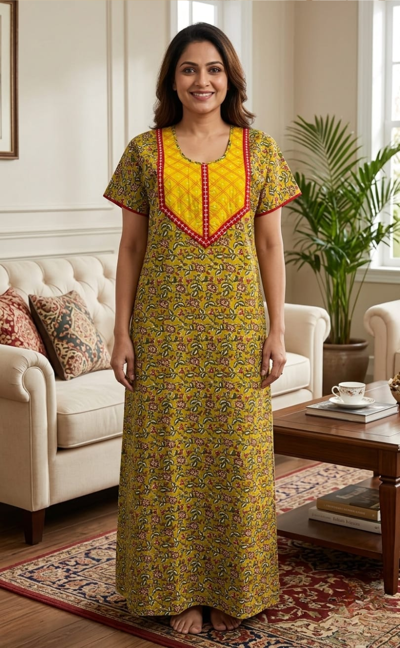 Yellow/Red Floral Garden Pure Cotton Nighty. Pure Durable Cotton | Laces and Frills