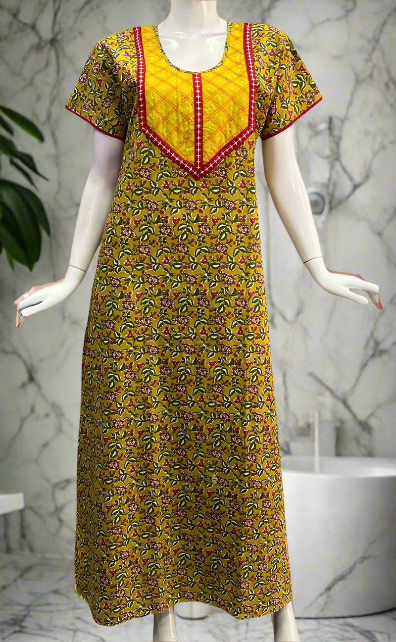 Yellow/Red Floral Garden Pure Cotton Nighty. Pure Durable Cotton | Laces and Frills