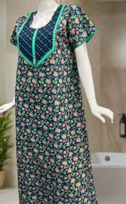Navy Blue/Sea Green Floral Garden Pure Cotton Nighty. Pure Durable Cotton | Laces and Frills