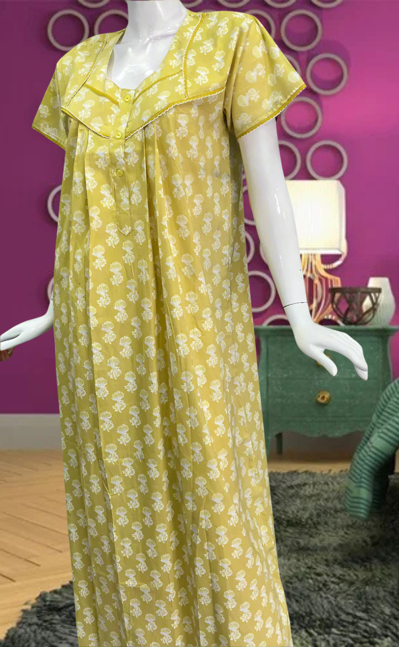 Yellow Flora Pure Cotton Feeding Nursing Nighty . Pure Durable Cotton | Laces and Frills - Laces and Frills