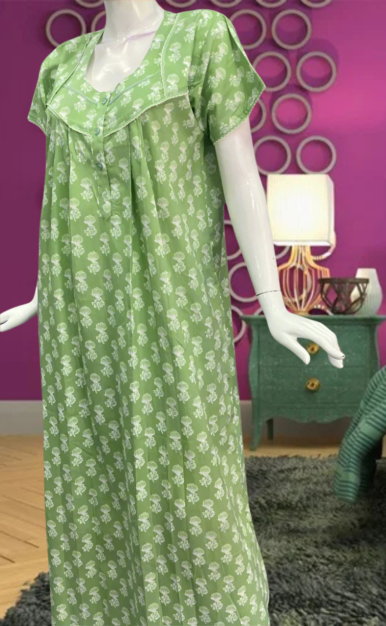 Green Floral Pure Cotton Feeding Nursing Nighty . Pure Durable Cotton | Laces and Frills - Laces and Frills