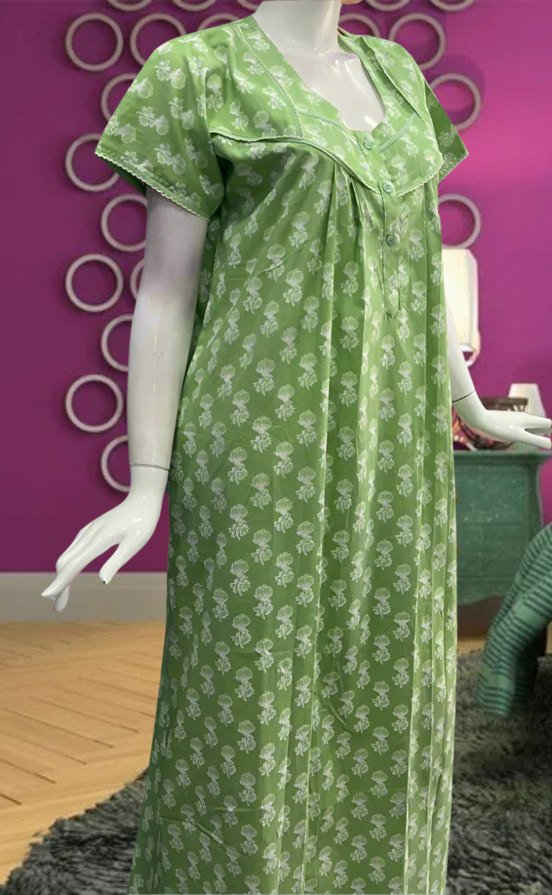Green Floral Pure Cotton Feeding Nursing Nighty . Pure Durable Cotton | Laces and Frills - Laces and Frills