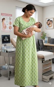 Green Floral Pure Cotton Feeding Nursing Nighty . Pure Durable Cotton | Laces and Frills - Laces and Frills