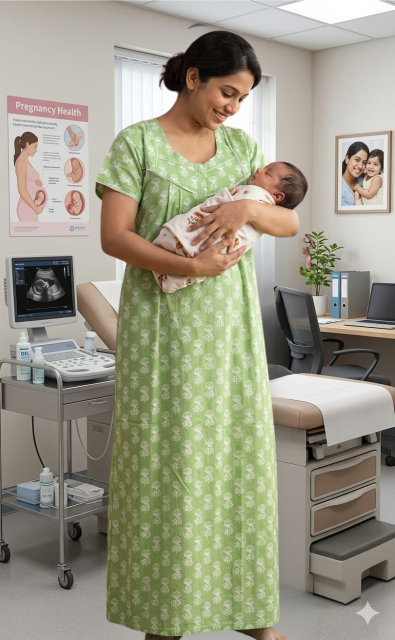 Green Floral Pure Cotton Feeding Nursing Nighty . Pure Durable Cotton | Laces and Frills - Laces and Frills