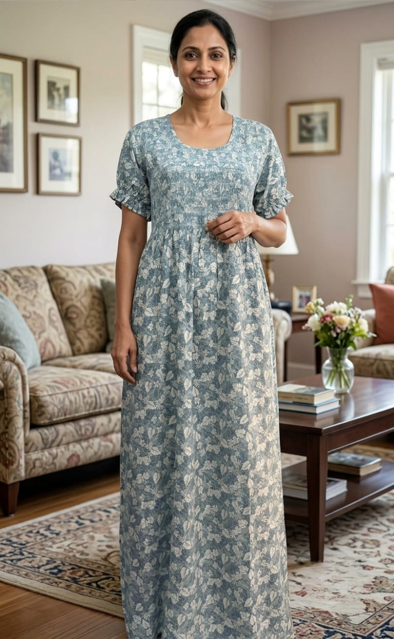Blue Smocking Rayon Nighty.  Flowy Rayon Fabric | Laces and Frills