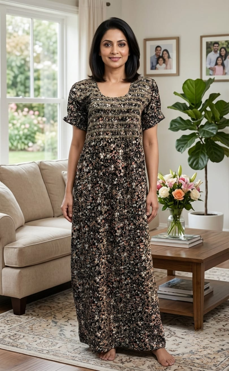Black Smocking Rayon Nighty.  Flowy Rayon Fabric | Laces and Frills