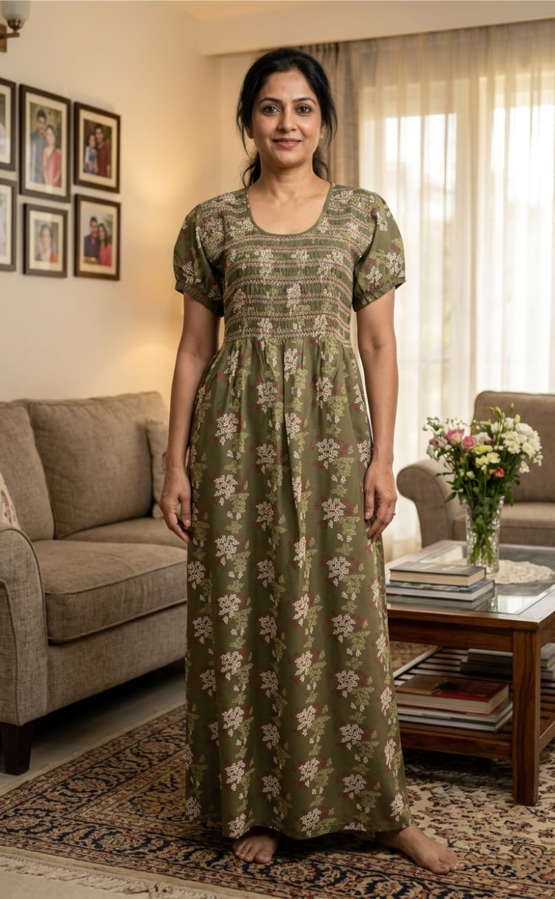 Pista Green Smocking Rayon Nighty.  Flowy Rayon Fabric | Laces and Frills