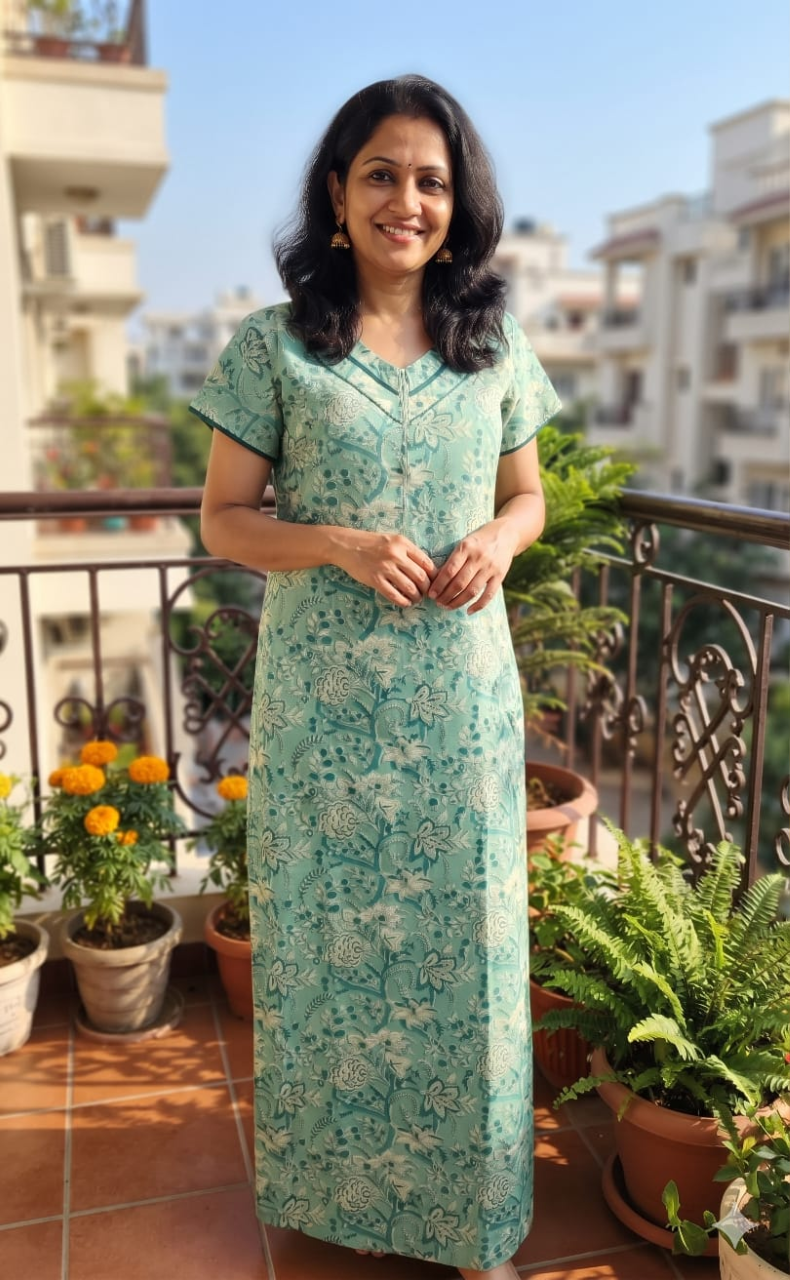 Sea Green Garden Pure Cotton Nighty. Pure Durable Cotton | Laces and Frills