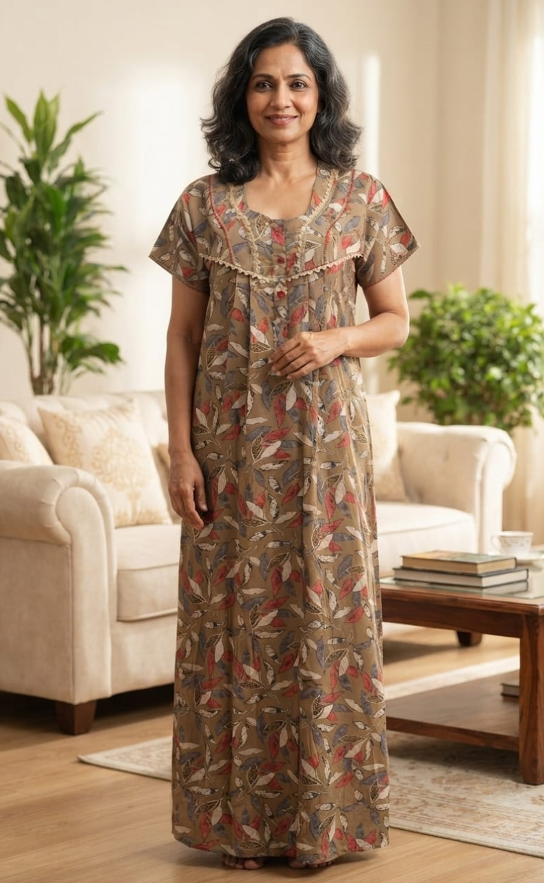 Beige Leafy Spun Nighty. Flowy Spun Fabric | Laces and Frills