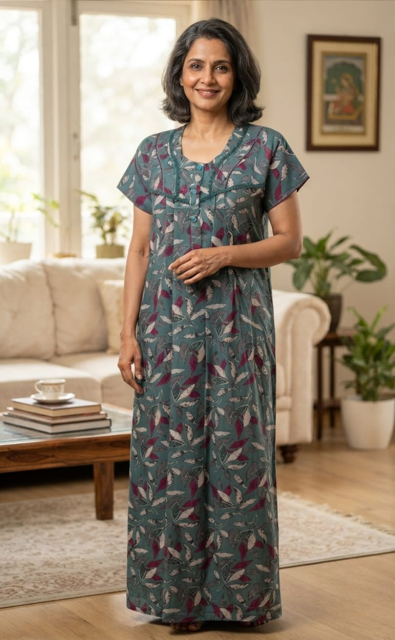 Dark Cyan Leafy Spun Nighty. Flowy Spun Fabric | Laces and Frills