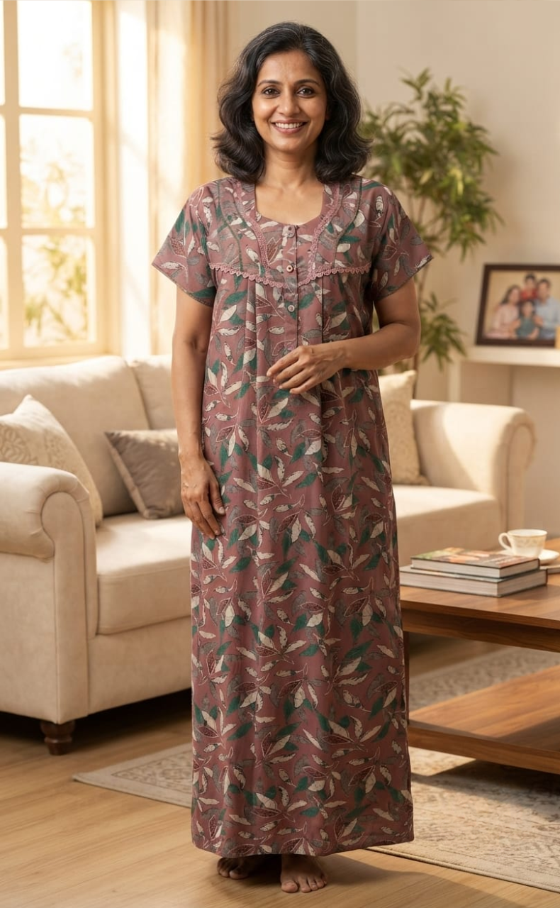 Onion Pink Leafy Spun Nighty. Flowy Spun Fabric | Laces and Frills