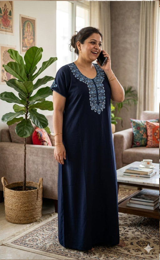 Navy Blue Embroidery Soft Cotton Nighty. Soft Breathable Fabric | Laces and Frills - Laces and Frills
