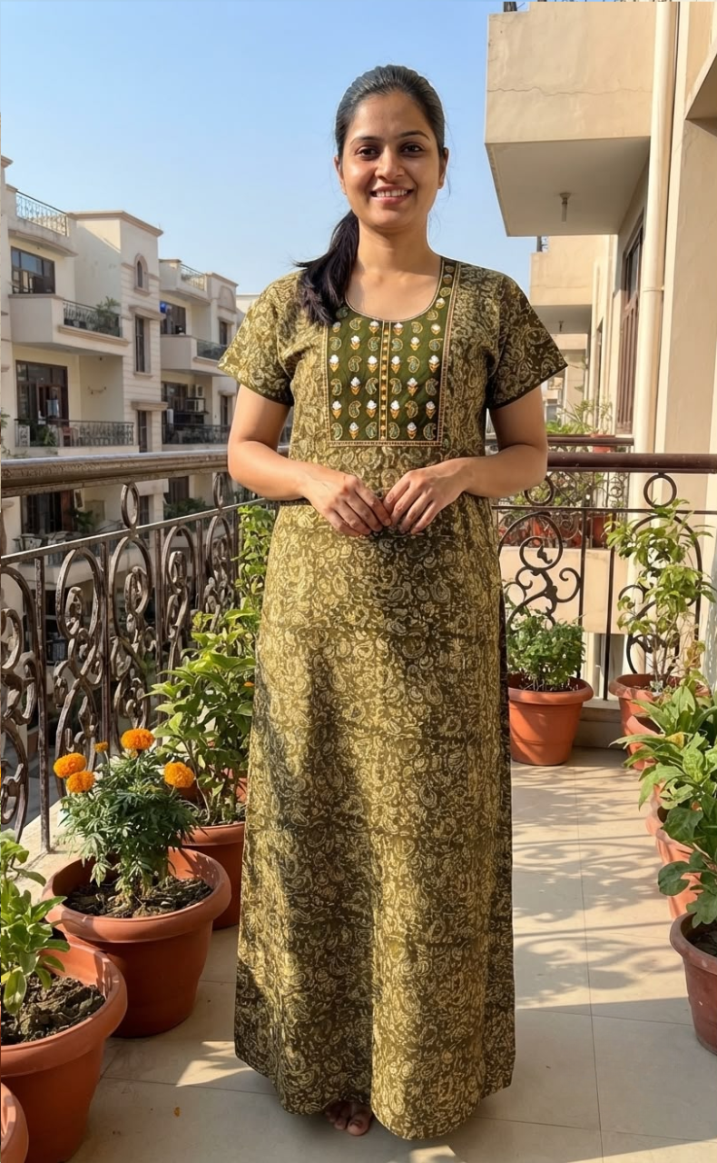 Mehndi Green Kalamkari Pure Cotton Nighty. Pure Durable Cotton | Laces and Frills
