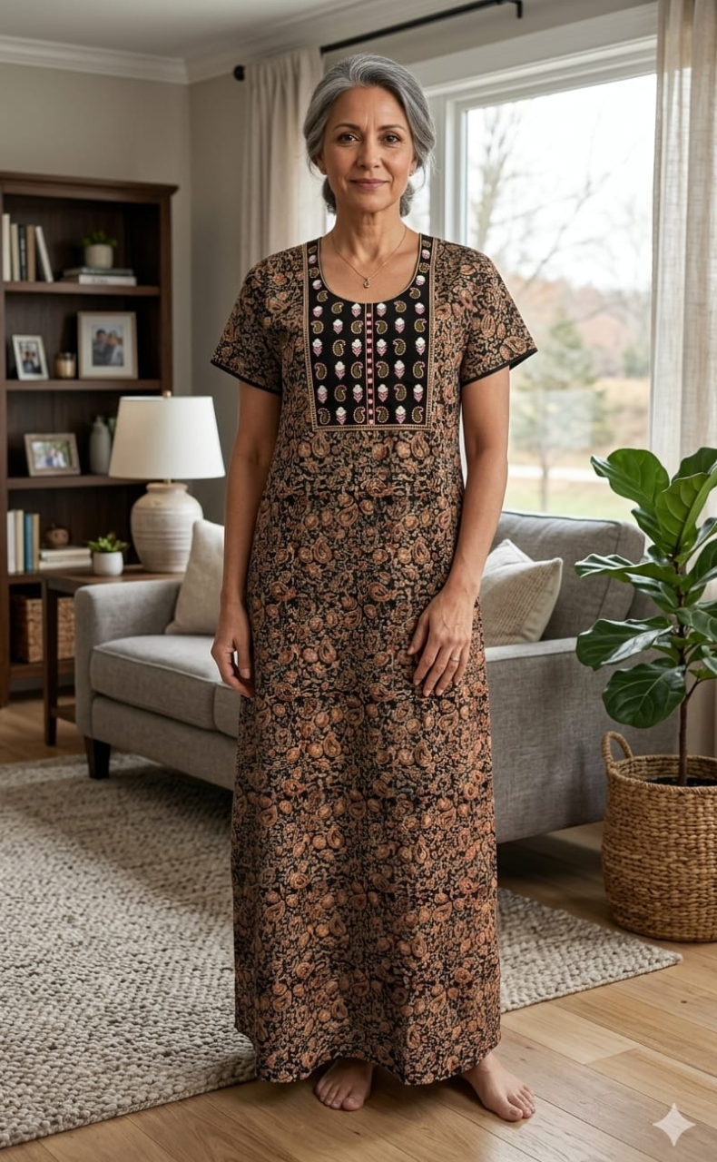 Black Kalamkari Pure Cotton Nighty. Pure Durable Cotton | Laces and Frills - Laces and Frills