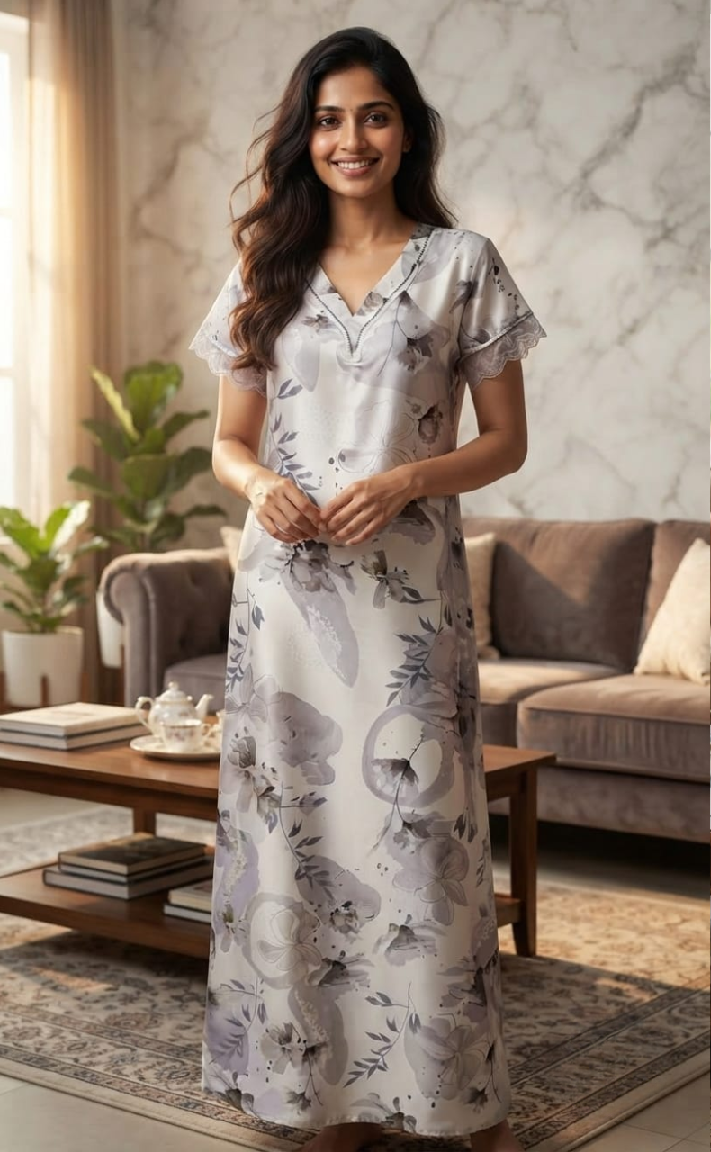 Off White/Brown Floral Satin Nighty. Soft Silky Satin | Laces and Frills