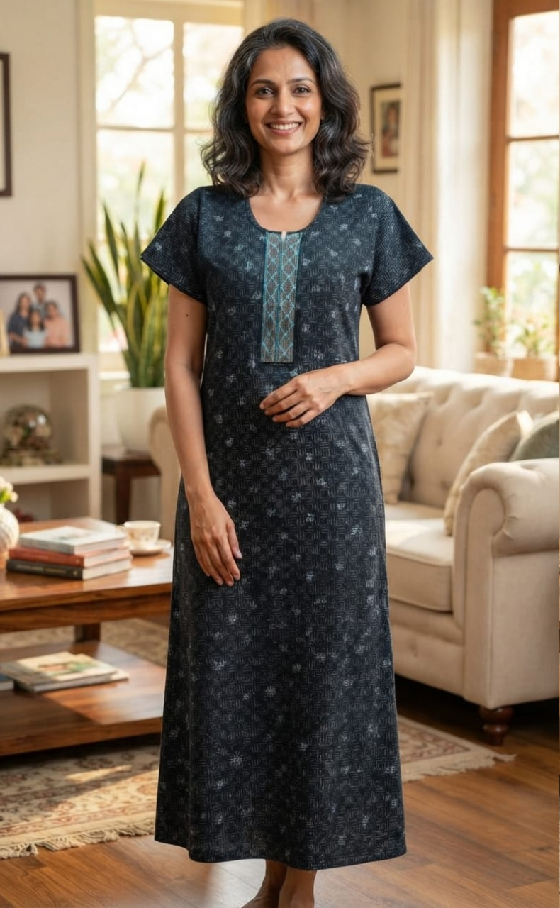 Teal Blue Abstract Spun Nighty. Flowy Spun Fabric | Laces and Frills