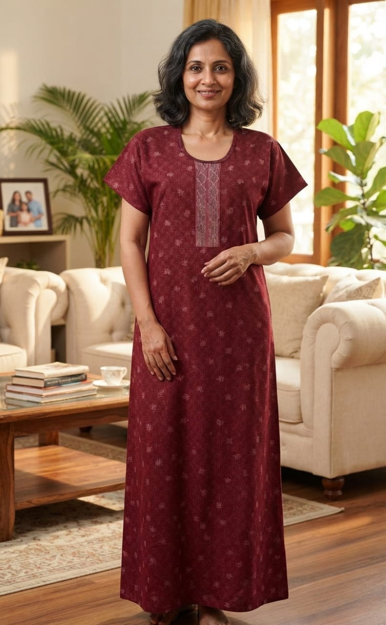 Maroon Abstract Spun Nighty. Flowy Spun Fabric | Laces and Frills