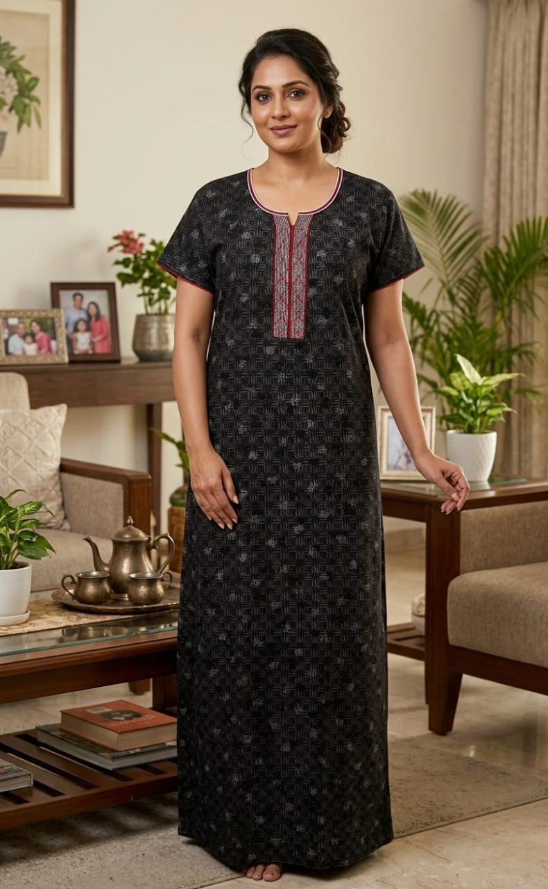 Black Abstract Spun Nighty. Flowy Spun Fabric | Laces and Frills