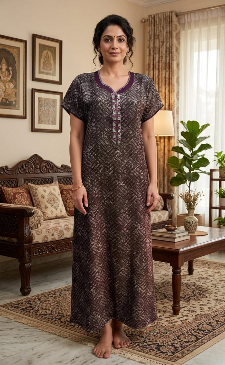 Violet Abstract Spun Nighty. Flowy Spun Fabric | Laces and Frills