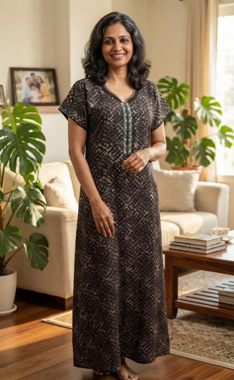 Brown Abstract Spun Nighty. Flowy Spun Fabric | Laces and Frills