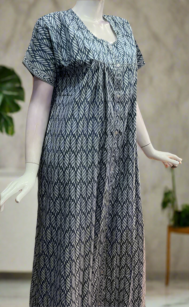 Ash Grey Leafy Full Open Pure Cotton Nighty. Pure Durable Cotton | Laces and Frills