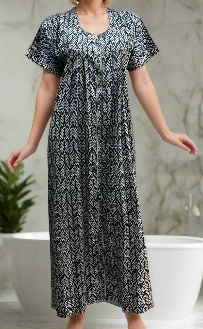 Ash Grey Leafy Full Open Pure Cotton Nighty. Pure Durable Cotton | Laces and Frills - Laces and Frills