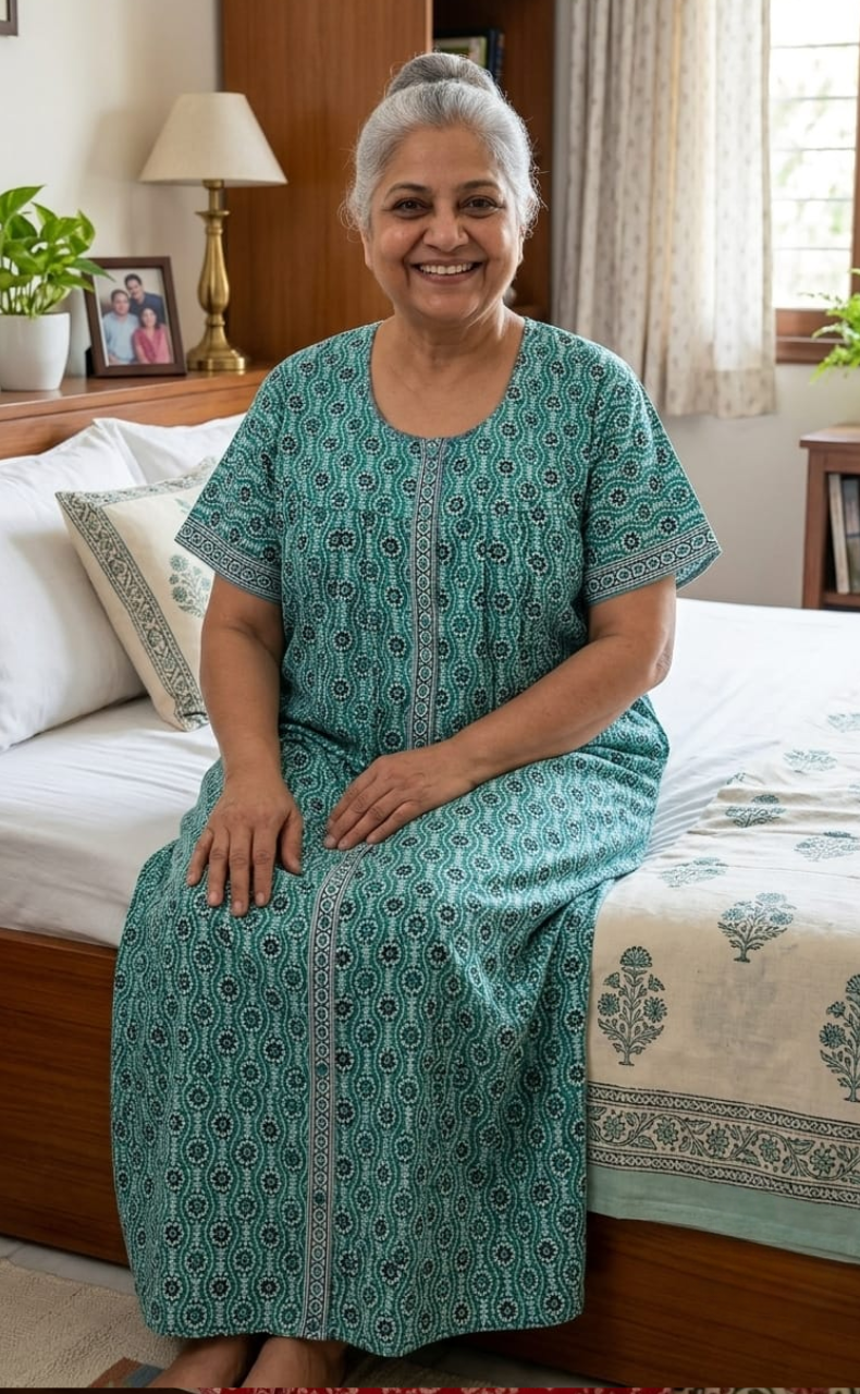 Sea Green Floral Garden Full Open Pure Cotton Nighty. Pure Durable Cotton | Laces and Frills