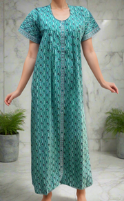 Sea Green Floral Garden Full Open Pure Cotton Nighty. Pure Durable Cotton | Laces and Frills - Laces and Frills