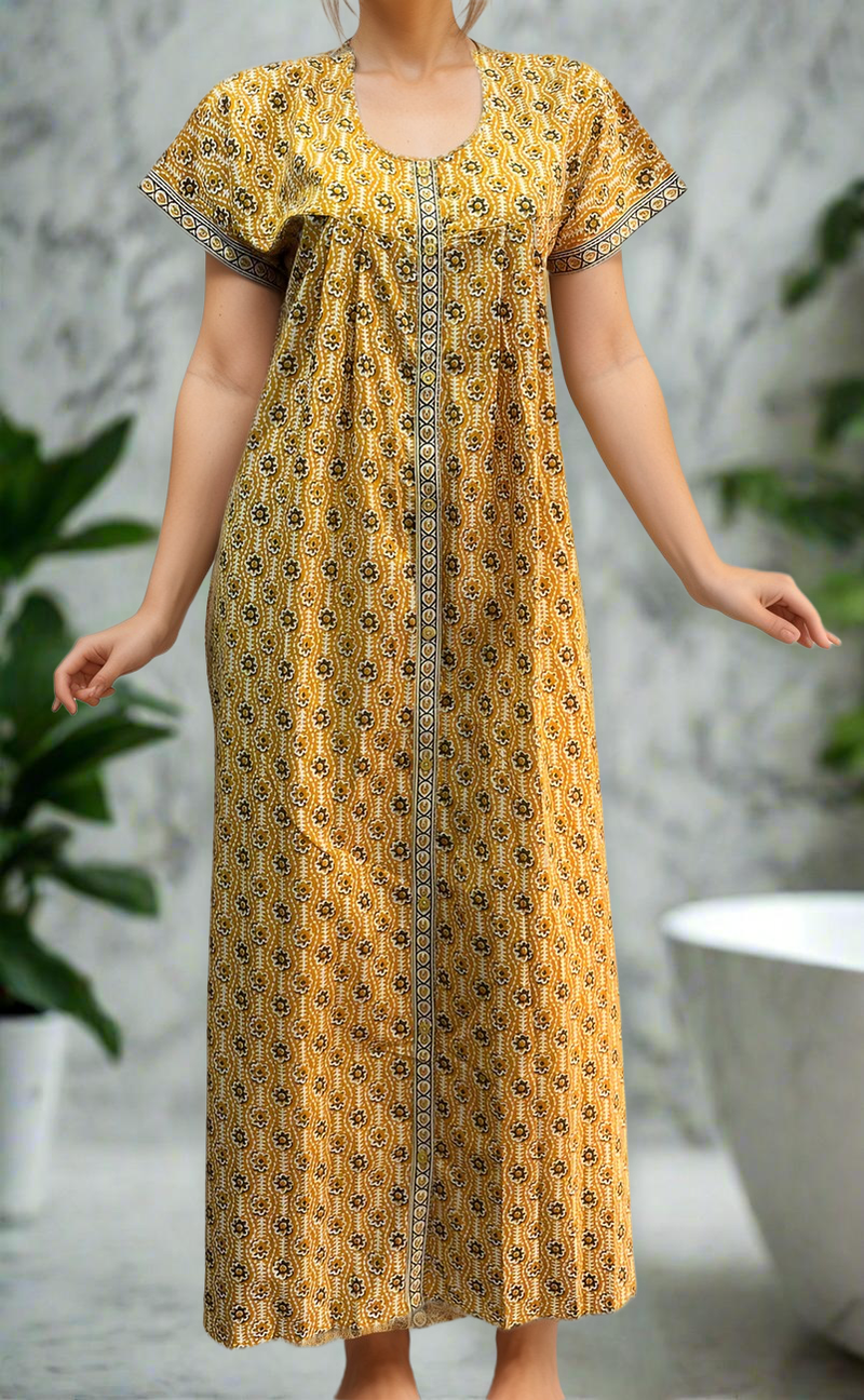 Yellow Floral Garden Full Open Pure Cotton Nighty. Pure Durable Cotton | Laces and Frills - Laces and Frills