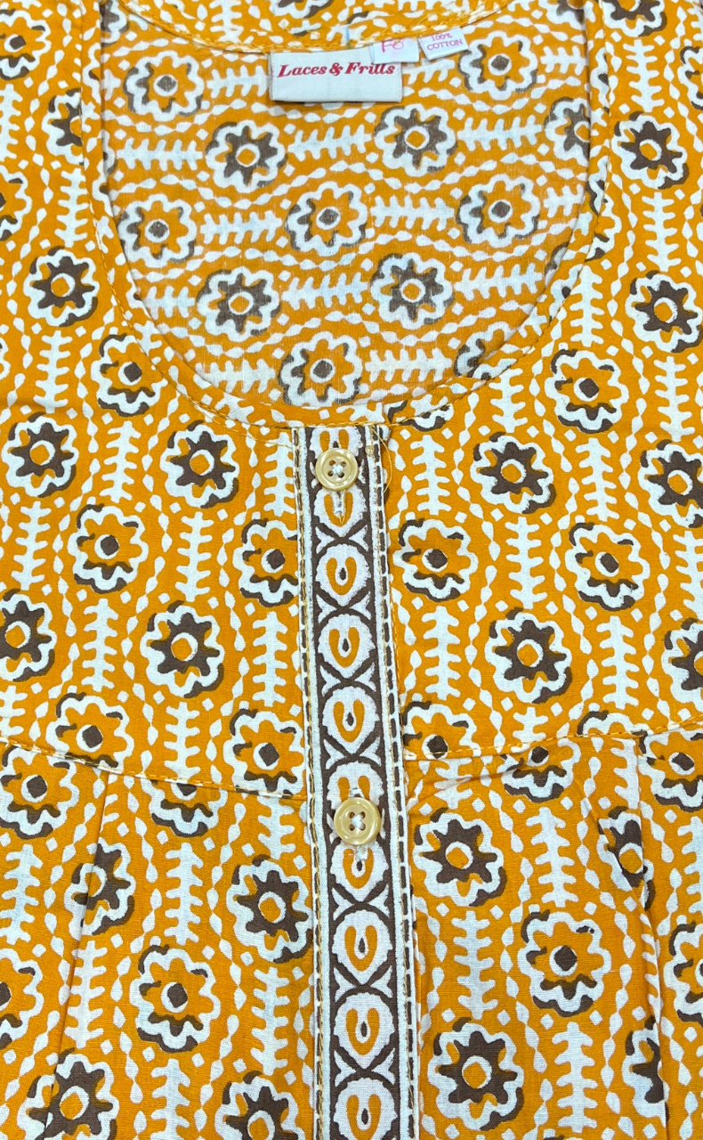 Yellow Floral Garden Full Open Pure Cotton Nighty. Pure Durable Cotton | Laces and Frills