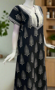 Black/White Leafy Pure Cotton Nighty. Pure Durable Cotton | Laces and Frills