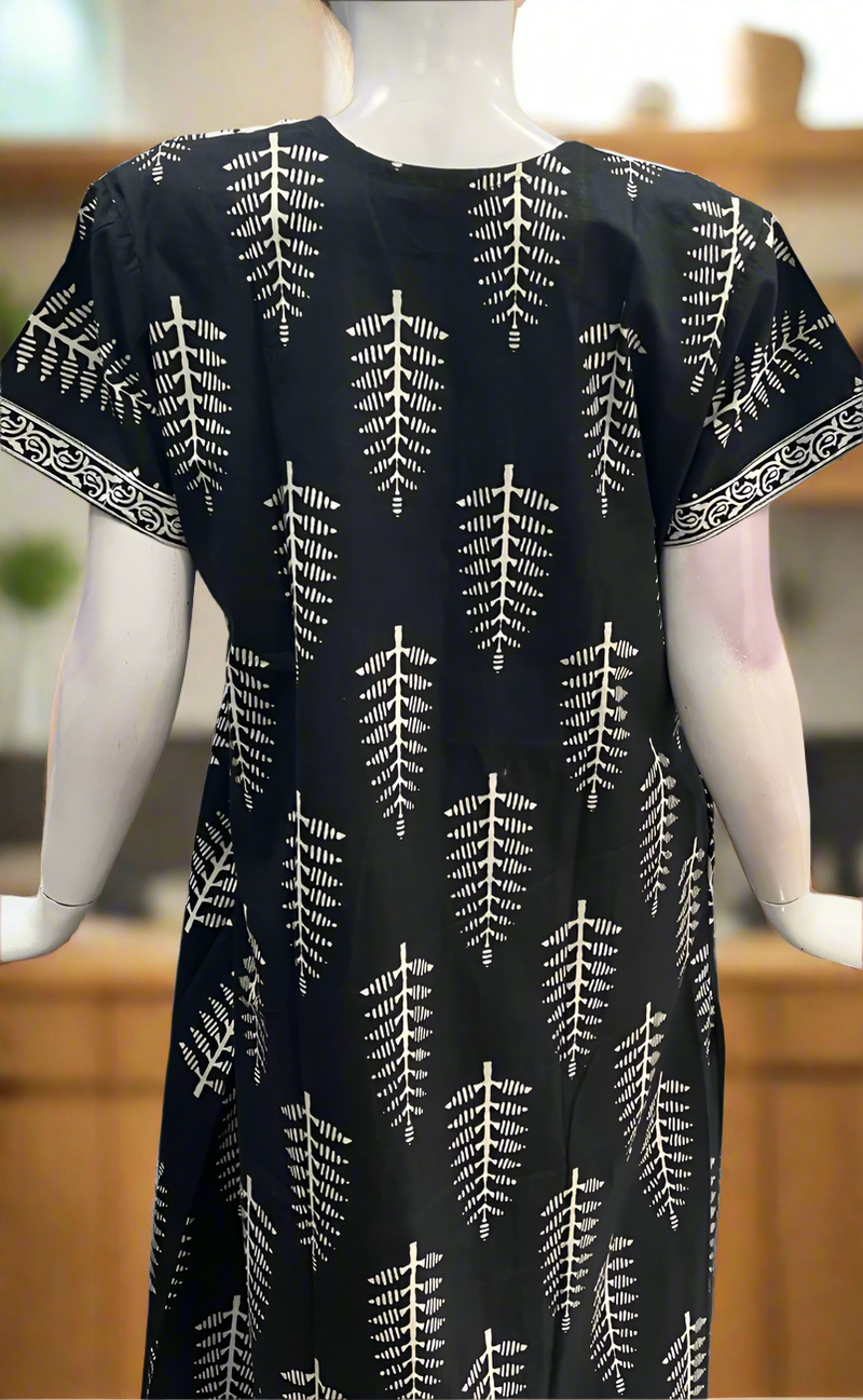Black/White Leafy Pure Cotton Nighty. Pure Durable Cotton | Laces and Frills
