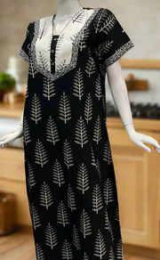 Black/White Leafy Pure Cotton Nighty. Pure Durable Cotton | Laces and Frills