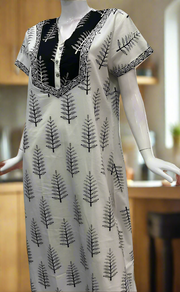 White/Black Leafy Pure Cotton Nighty. Pure Durable Cotton | Laces and Frills