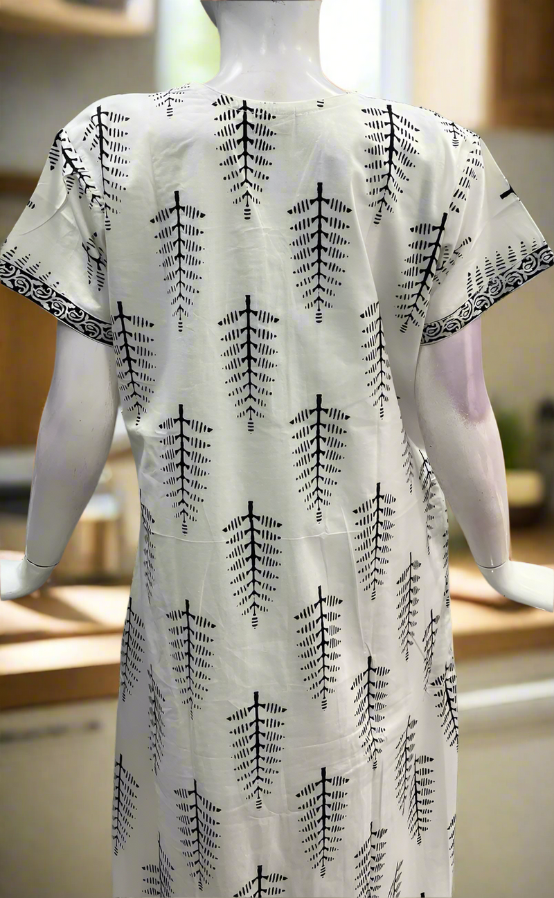 White/Black Leafy Pure Cotton Nighty. Pure Durable Cotton | Laces and Frills