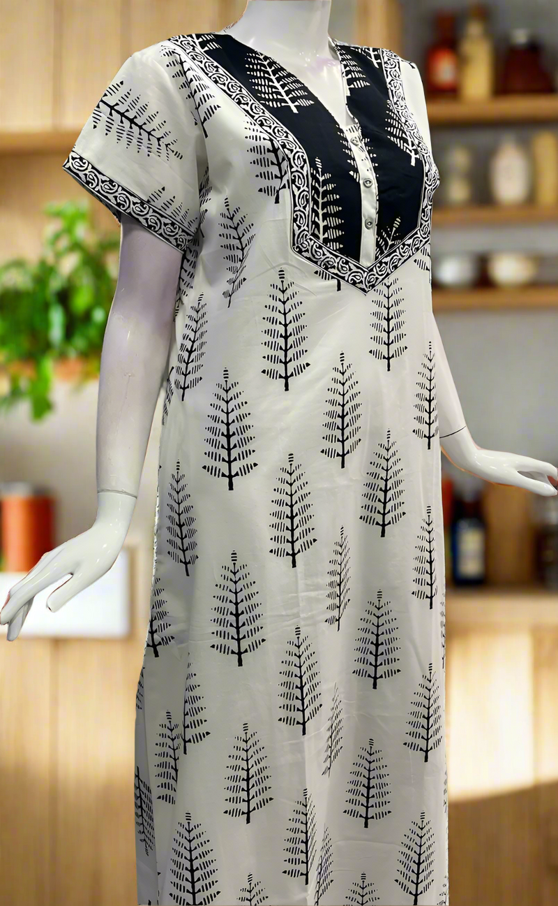 White/Black Leafy Pure Cotton Nighty. Pure Durable Cotton | Laces and Frills