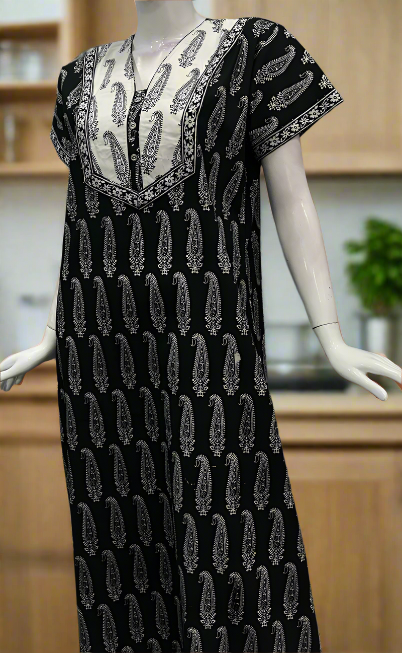 Black/White Paisley Print Pure Cotton Nighty. Pure Durable Cotton | Laces and Frills