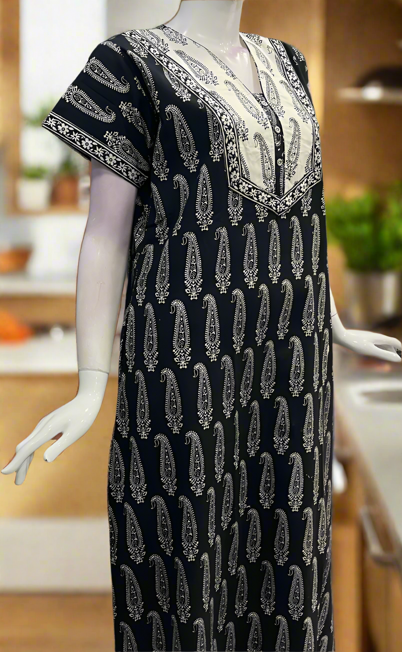 Black/White Paisley Print Pure Cotton Nighty. Pure Durable Cotton | Laces and Frills