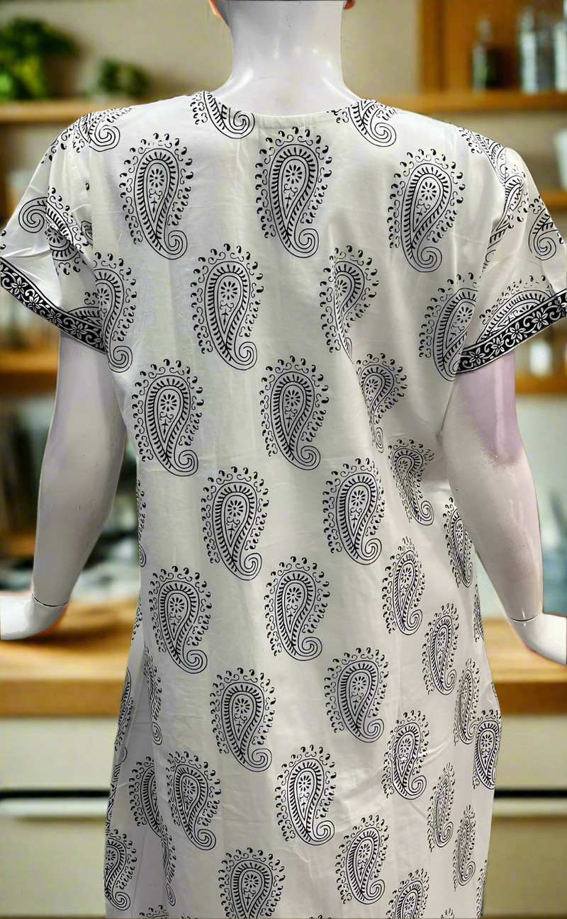 White/Black Paisley Print Pure Cotton Nighty. Pure Durable Cotton | Laces and Frills