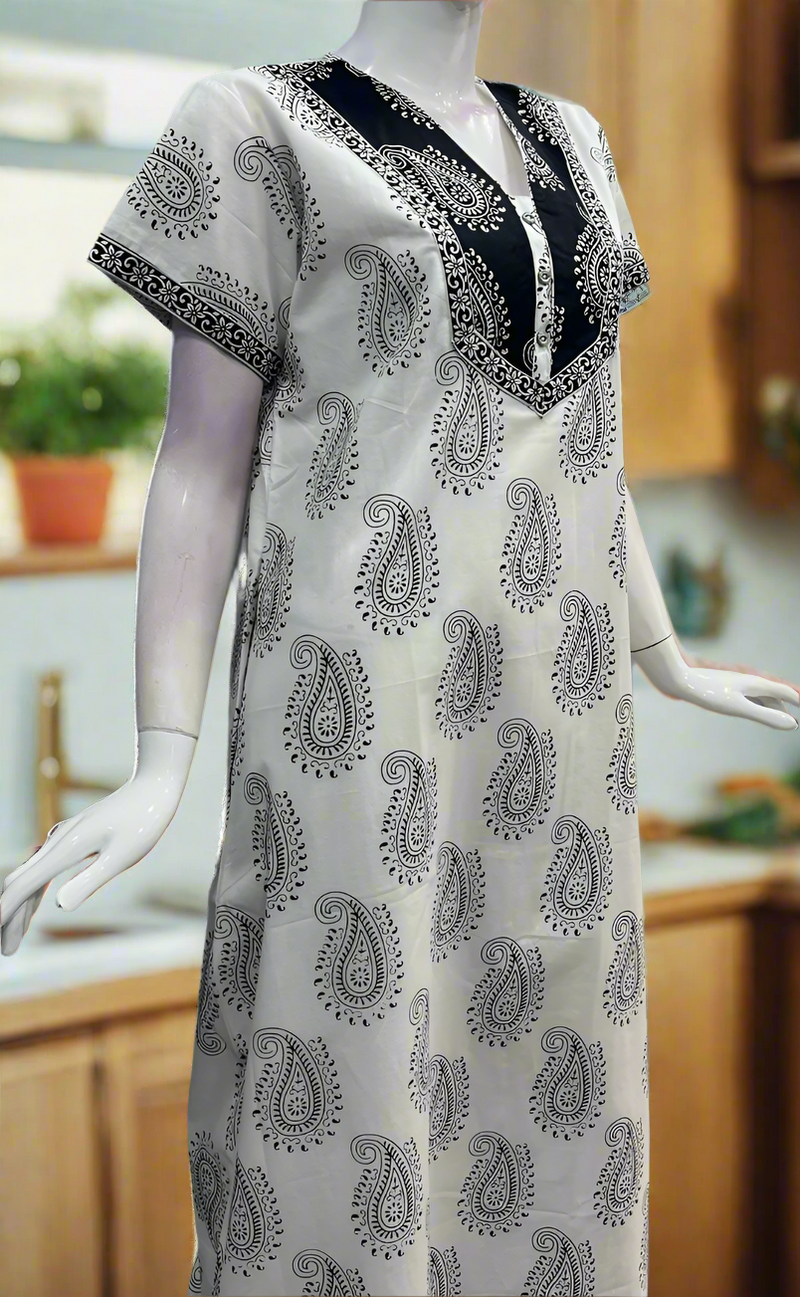 White/Black Paisley Print Pure Cotton Nighty. Pure Durable Cotton | Laces and Frills