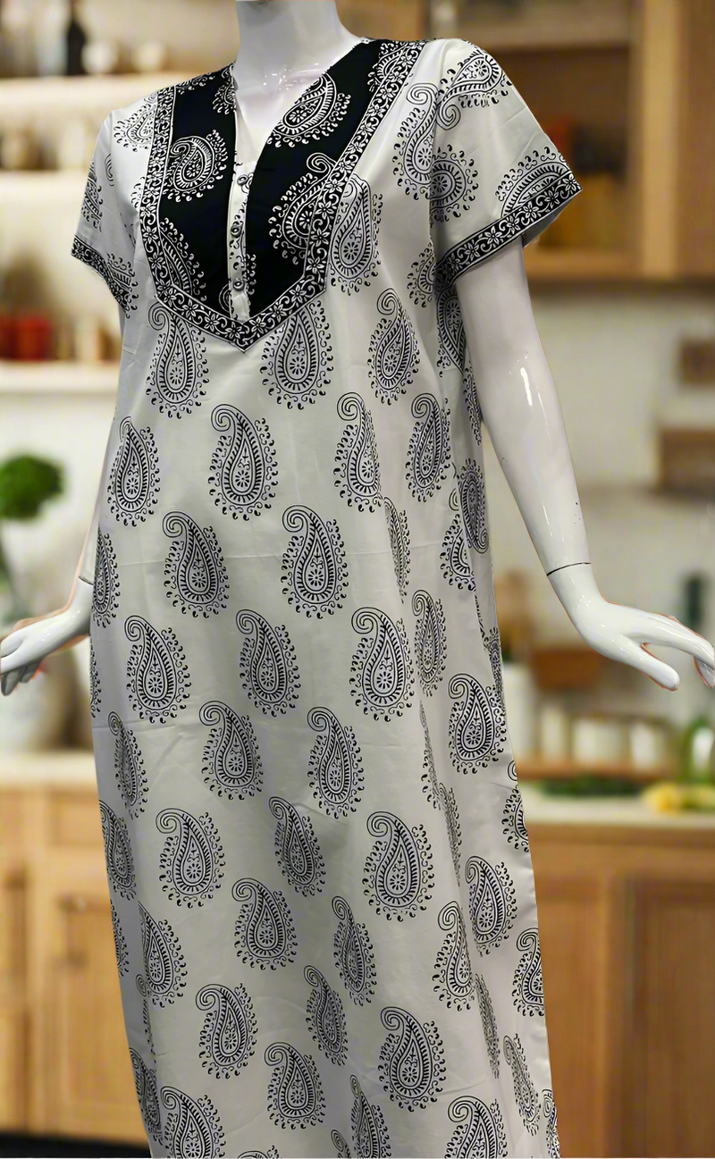 White/Black Paisley Print Pure Cotton Nighty. Pure Durable Cotton | Laces and Frills