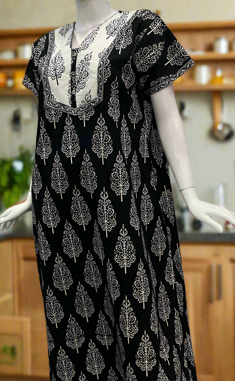 Black/White Floral Pure Cotton Nighty. Pure Durable Cotton | Laces and Frills